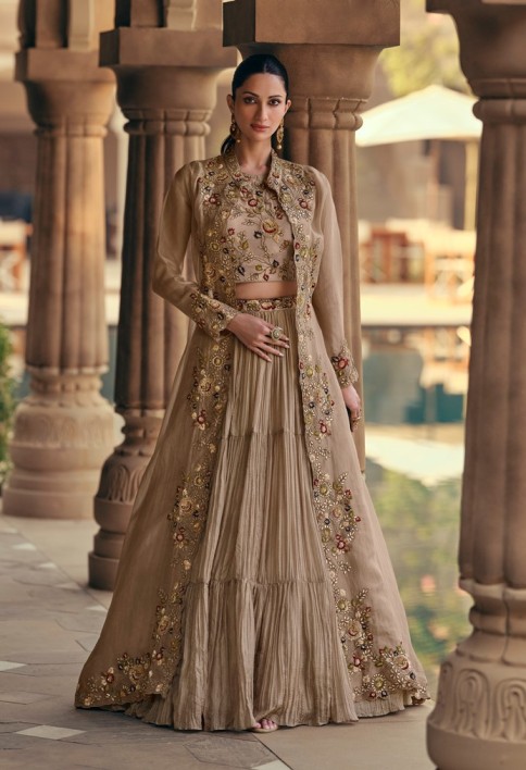 CHIKU COLOUR LEHENGA WITH FANCY KOTI FRONT AND BACK EMBROIDERED